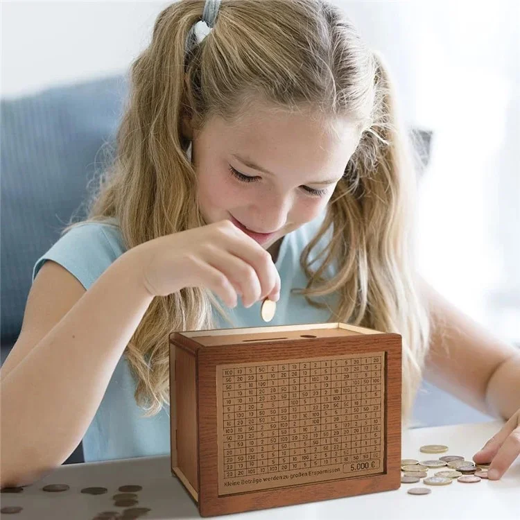 Retro Wooden Piggy Bank Creative US Dollar Money Box with Acrylic Board and Erasable Pen - 10000 Dollar