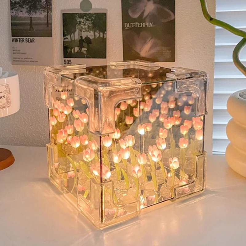 Lampe Miroir Tulipe Romantique DIY Forme Cube Tulipe Veilleuse Décoration de Chambre, 20 Tulipes / Alimentée par Batterie - Rose