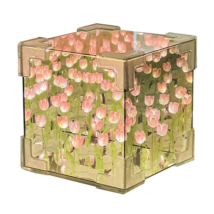 Lampe Miroir Tulipe Romantique DIY Forme Cube Tulipe Veilleuse Décoration de Chambre, 20 Tulipes / Alimentée par Batterie - Rose