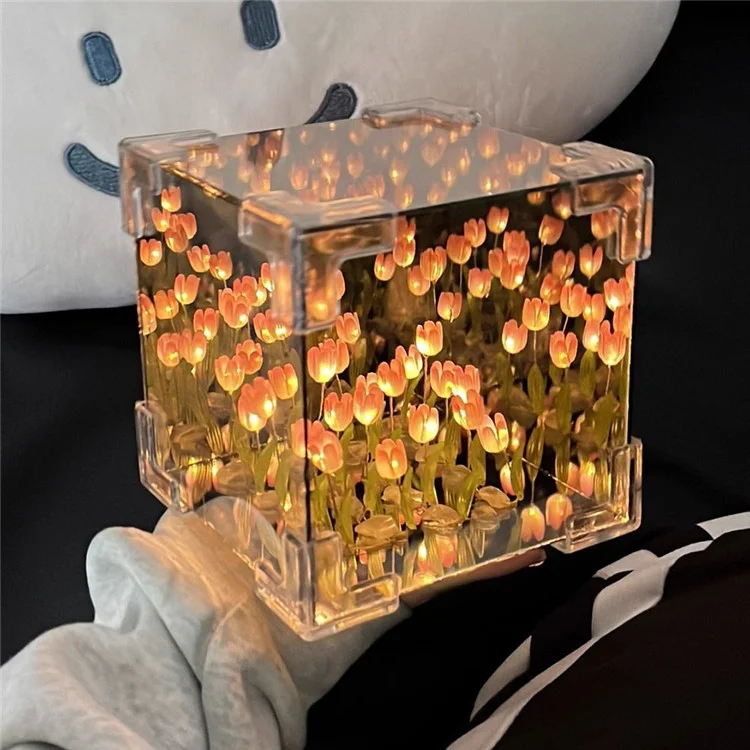 Lampe Miroir Tulipe Romantique DIY Forme Cube Tulipe Veilleuse Décoration de Chambre, 20 Tulipes / Alimentée par Batterie - Rose