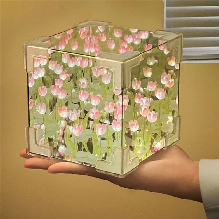 Lampe Miroir Tulipe Romantique DIY Forme Cube Tulipe Veilleuse Décoration de Chambre, 20 Tulipes / Alimentée par Batterie - Rose