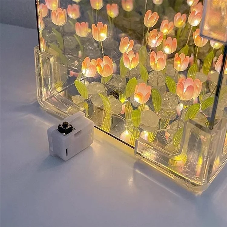 Lampe Miroir Tulipe Romantique DIY Forme Cube Tulipe Veilleuse Décoration de Chambre, 20 Tulipes / Alimentée par Batterie - Rose