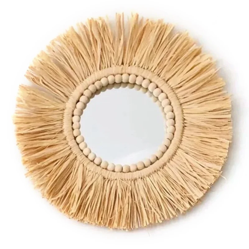 Living Room Raffia Hanging Mirror Moroccan Wood Beads Bedroom Wall Decoration - Round Raffia