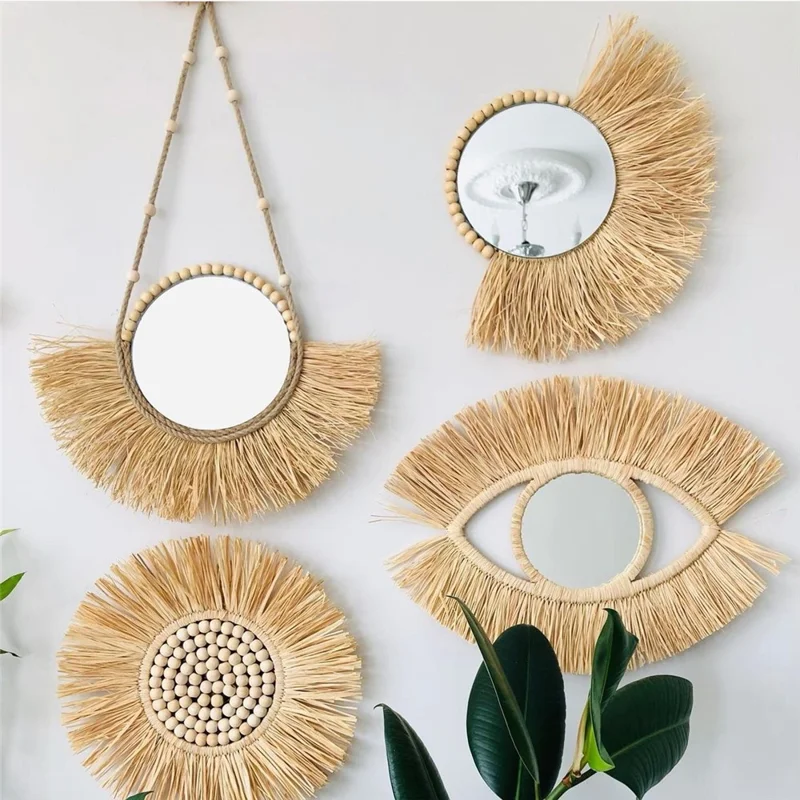Living Room Raffia Hanging Mirror Moroccan Wood Beads Bedroom Wall Decoration - Round Raffia