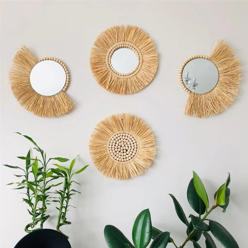 Living Room Raffia Hanging Mirror Moroccan Wood Beads Bedroom Wall Decoration - Round Raffia