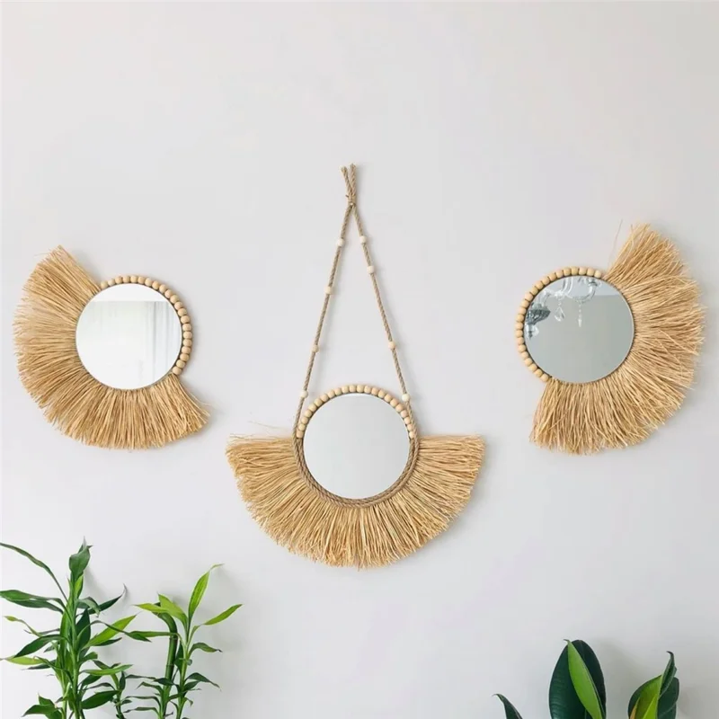 Living Room Raffia Hanging Mirror Moroccan Wood Beads Bedroom Wall Decoration - Round Raffia
