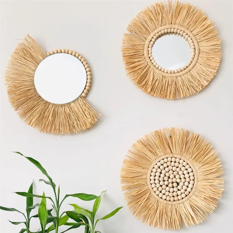 Living Room Raffia Hanging Mirror Moroccan Wood Beads Bedroom Wall Decoration - Round Raffia