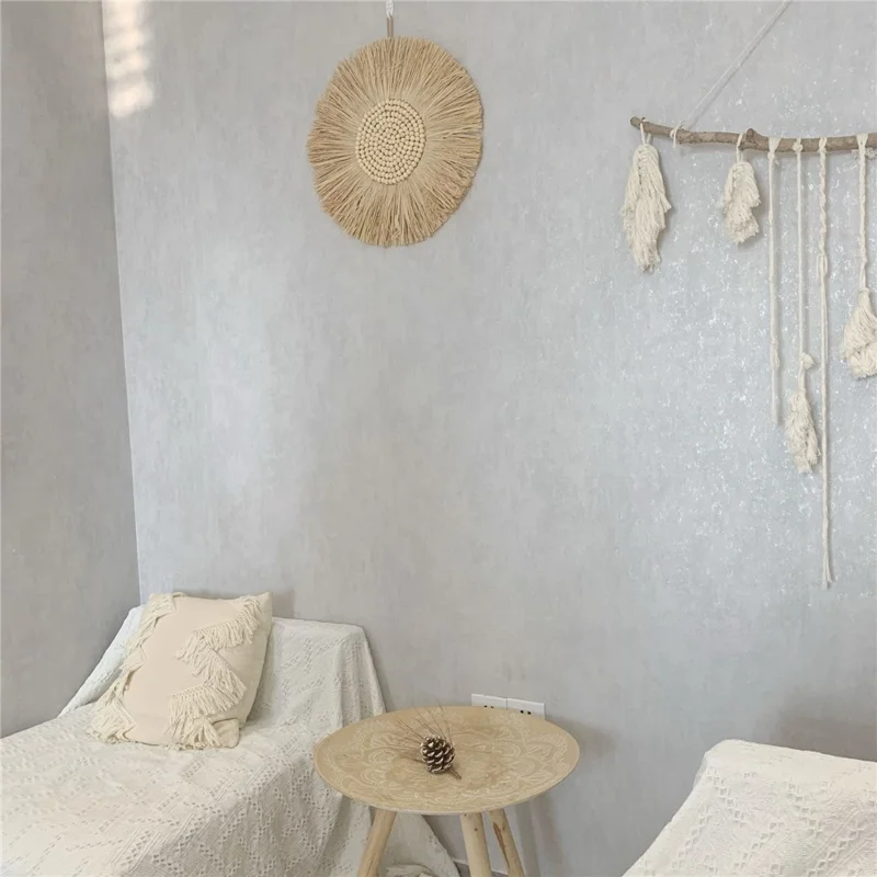 Living Room Raffia Hanging Mirror Moroccan Wood Beads Bedroom Wall Decoration - Round Raffia