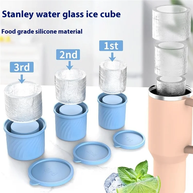 3Pcs / Set Food Grade Silicone Cylinder Ice Cube Mold with Lid for 24 / 30 / 40oz Stanley Cups (BPA Free, No FDA) - Green