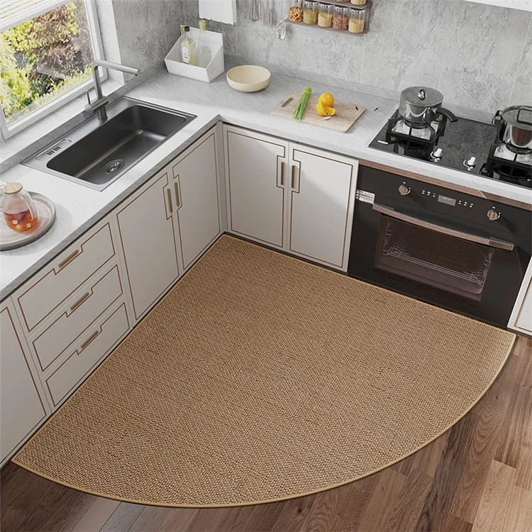 70x70cm Anti-Slip Kitchen Fan Shape Corner Rug Floor Mat Woven Oil-Proof Carpet - Beige