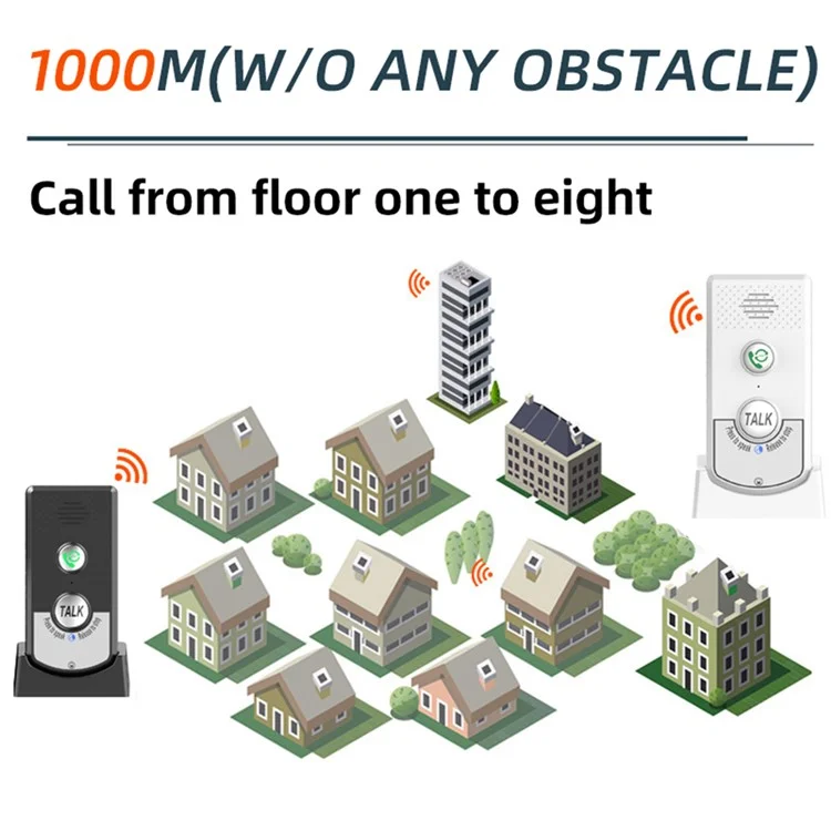 H8-2T 1000m Langstrecken 38 Klingeltöne 2-Wege-Wireless-Intercom-Türklingel für Zuhause / Krankenhaus / Hotel - Schwarz + Silber