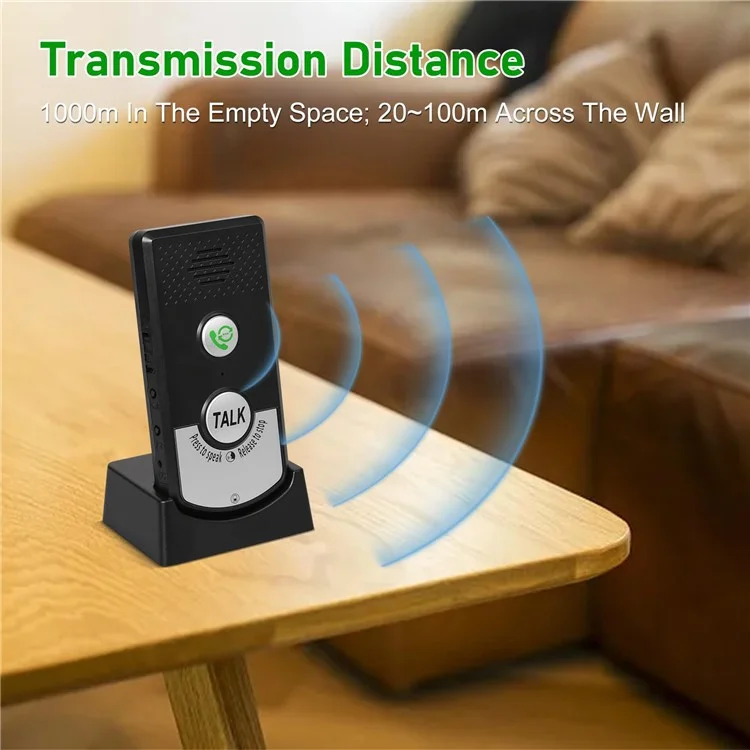 H8-2T 1000m Langstrecken 38 Klingeltöne 2-Wege-Wireless-Intercom-Türklingel für Zuhause / Krankenhaus / Hotel - Schwarz + Silber
