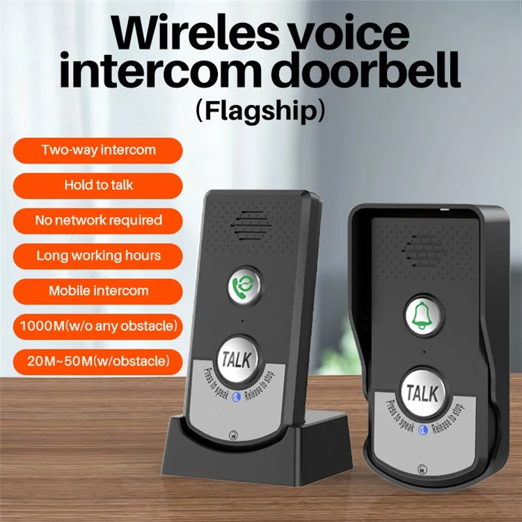 Intercomunicador de voz inalámbrico H8 Timbre de puerta 3 niveles de volumen Audio bidireccional Teléfono de puerta - Negro+Plata