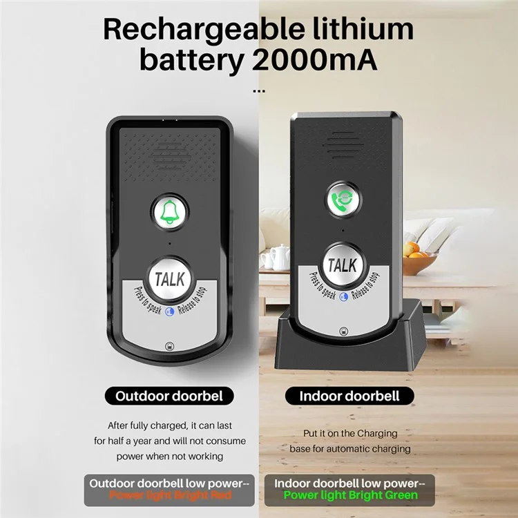 Intercomunicador inalámbrico de voz H8 Timbre de la puerta Tres niveles de volumen Audio bidireccional Teléfono de puerta - Blanco + Plata