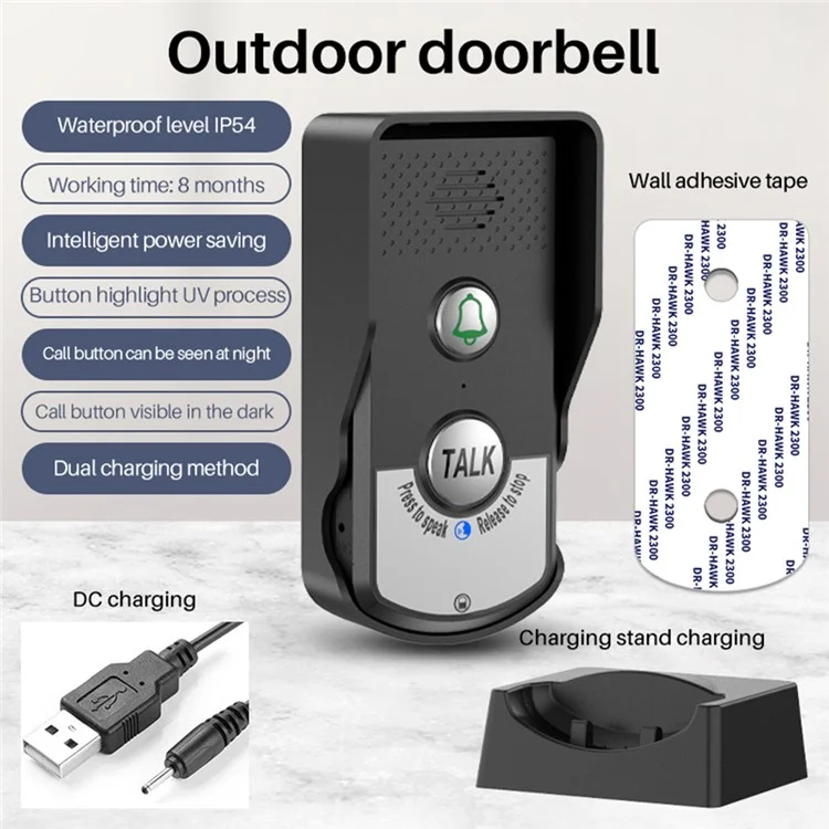 Intercomunicador inalámbrico de voz H8 Timbre de la puerta Tres niveles de volumen Audio bidireccional Teléfono de puerta - Blanco + Plata