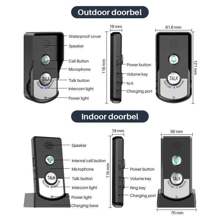 Intercomunicador inalámbrico de voz H8 Timbre de la puerta Tres niveles de volumen Audio bidireccional Teléfono de puerta - Blanco + Plata