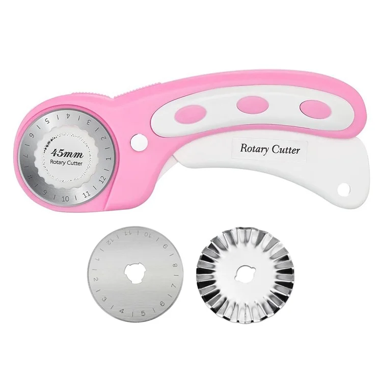 Cortadora Rotativa de Seguridad de 45 mm para Tela / Cuero Mango Ergonómico Herramienta de Costura con 1 Hoja Recta + 1 Hoja Ondulada - Rosa