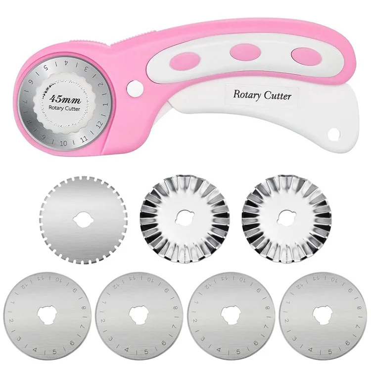 Coupe-tissu rotatif de sécurité de 45 mm avec manche ergonomique en cuir / Outil de couture avec 4 lames droites + 1 pointillée + 2 ondulées - Rose
