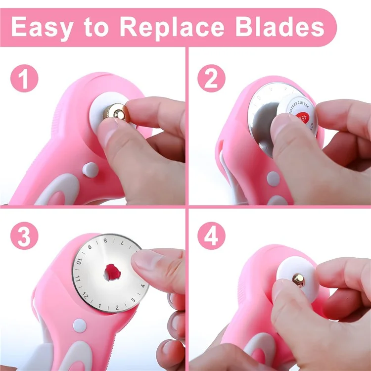 Coupe-tissu rotatif de sécurité de 45 mm avec manche ergonomique en cuir / Outil de couture avec 4 lames droites + 1 pointillée + 2 ondulées - Rose