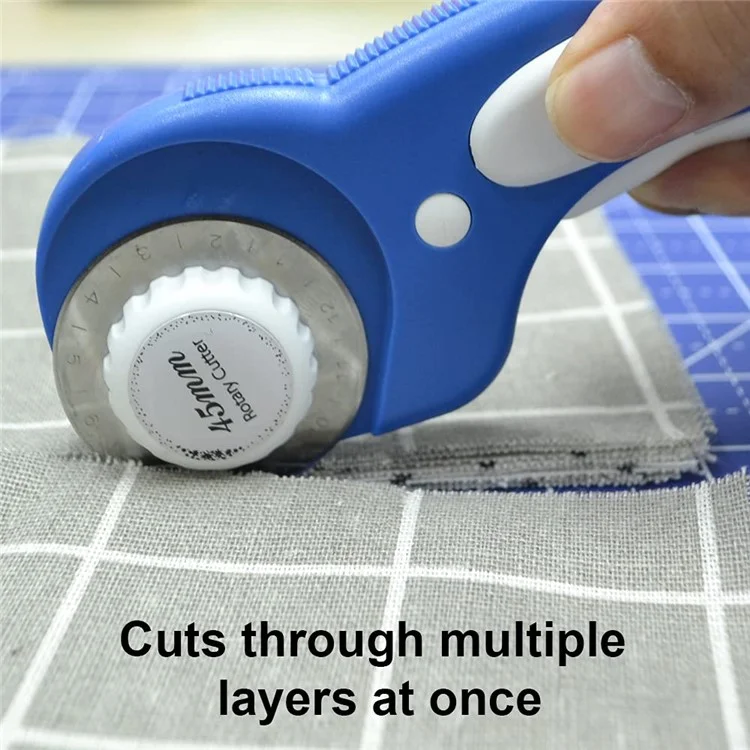 Coupe-tissu rotatif de sécurité de 45 mm avec manche ergonomique en cuir / Outil de couture avec 4 lames droites + 1 pointillée + 2 ondulées - Rose