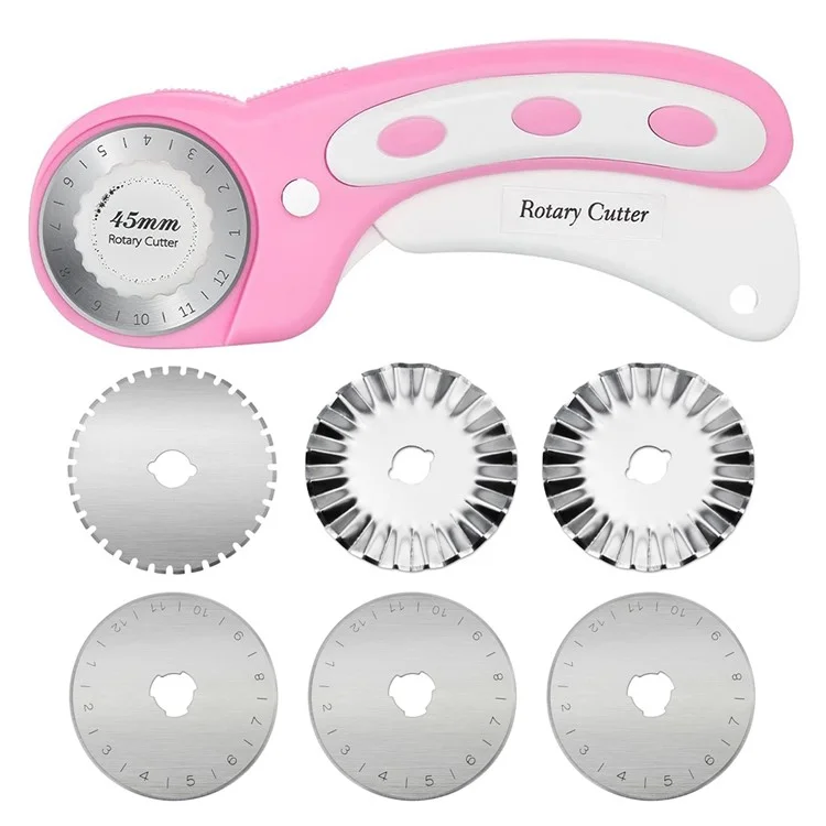 Cortador Rotativo de Segurança de 45 mm para Tecido / Couro com Cabo Ergonômico - Ferramenta de Costura com 3 Lâminas Retas + 1 Pontilhada + 2 Onduladas - Rosa