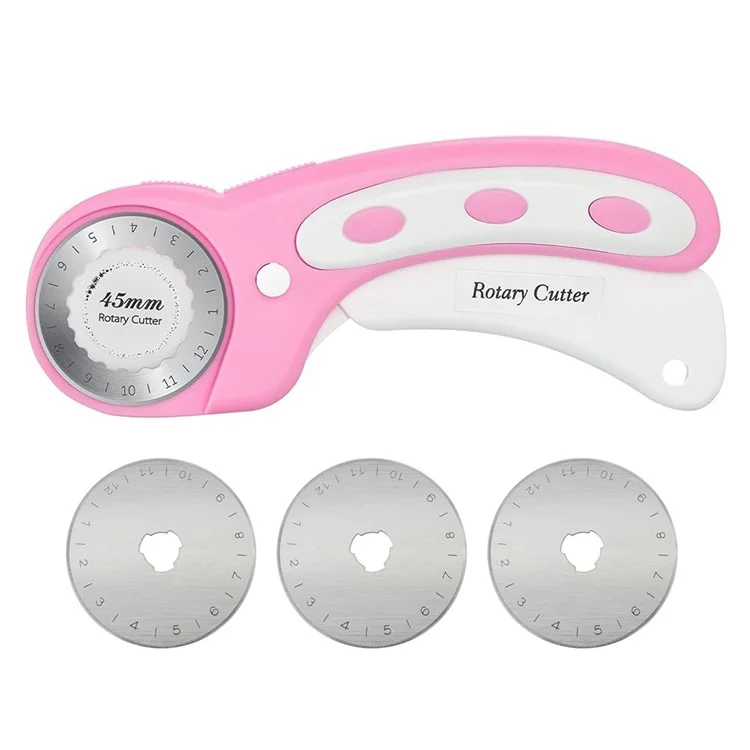 Sicherheitsschloss 45mm Rundmesser für Stoff / Leder Ergonomischer Griff Nähwerkzeug mit 3 geraden Klingen - Pink