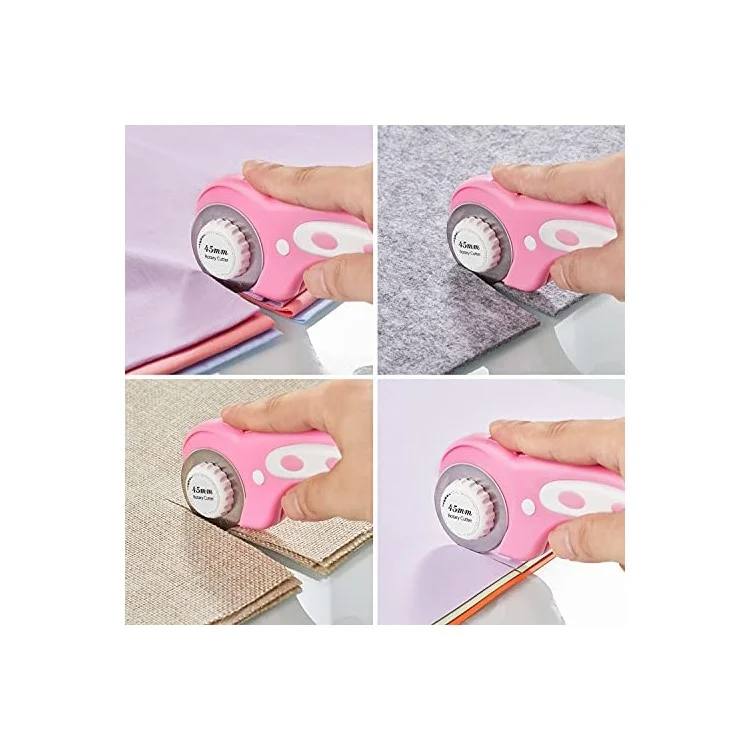 Cortador Rotativo de Seguridad de 45 mm para Tela / Piel, Mango Ergonómico, Herramienta de Costura con 2 Cuchillas Rectas - Rosa