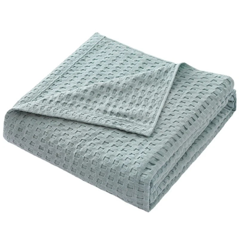 150x200cm Solid Color Cotton Waffle Blanket Air Conditioning Blanket for Lunch Break - Green