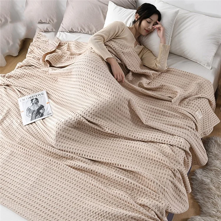 150x200cm Solid Color Cotton Waffle Blanket Air Conditioning Blanket for Lunch Break - Khaki