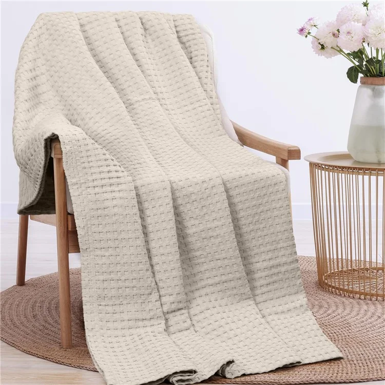 150x200cm Solid Color Cotton Waffle Blanket Air Conditioning Blanket for Lunch Break - Khaki
