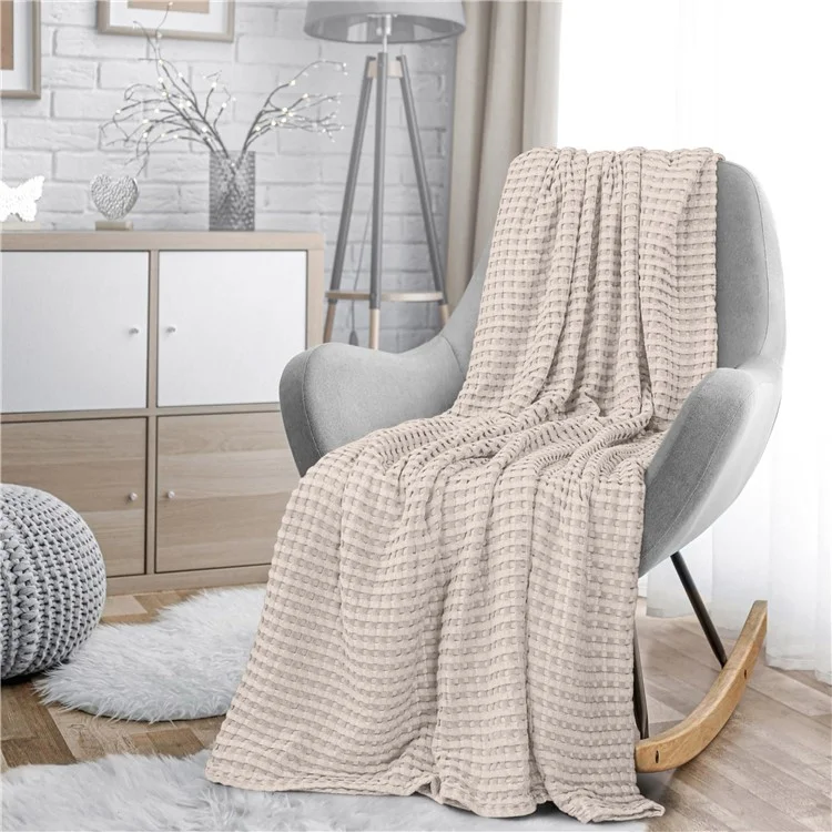 150x200cm Solid Color Cotton Waffle Blanket Air Conditioning Blanket for Lunch Break - Khaki