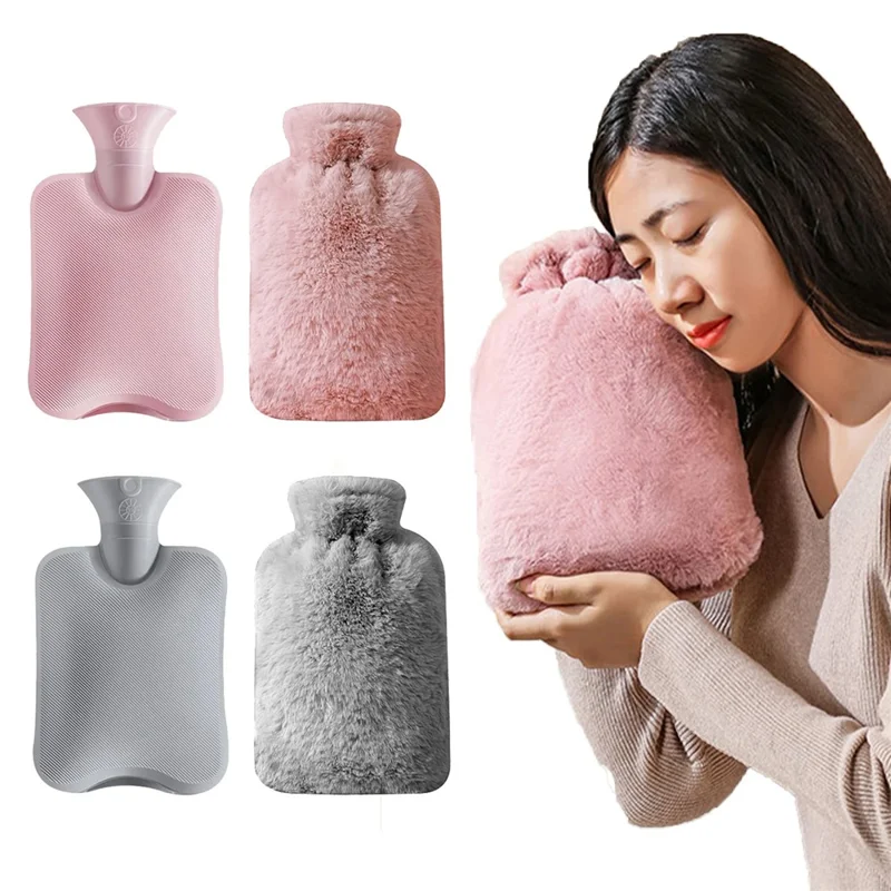 1000ML Refillable Hot Water Bag with Removeable Faux Fur Cover Winter Hand Feet Warmer Water Bottle - Pink