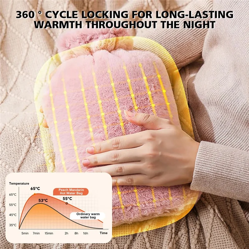 1000ML Refillable Hot Water Bag with Removeable Faux Fur Cover Winter Hand Feet Warmer Water Bottle - Pink