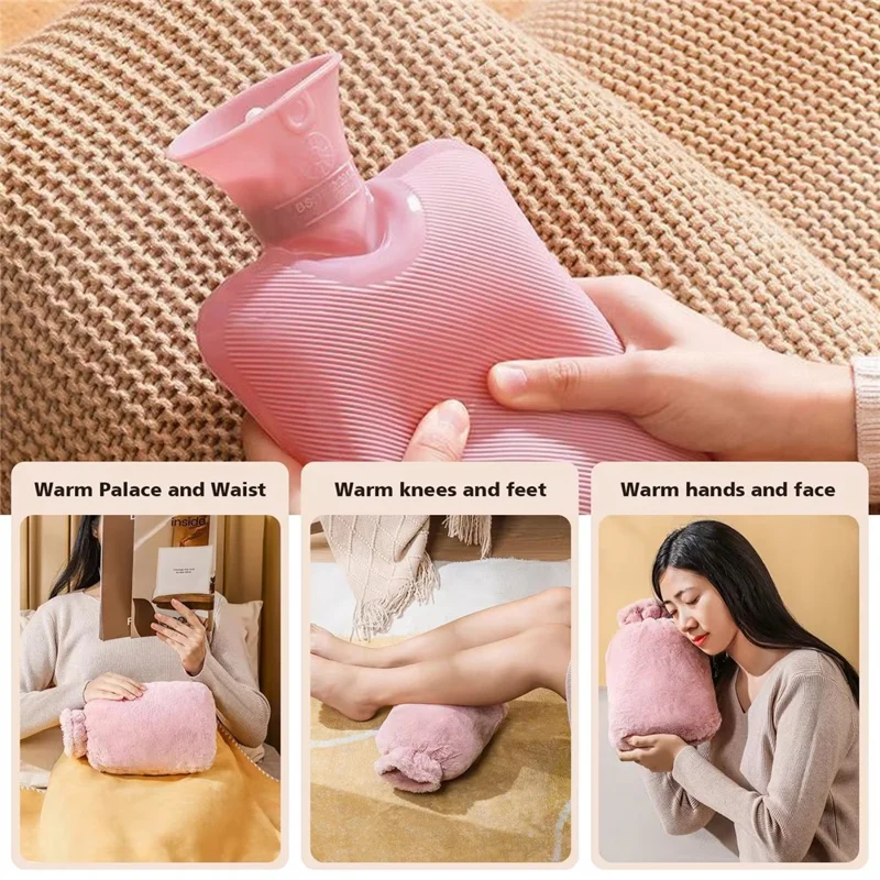 1000ML Refillable Hot Water Bag with Removeable Faux Fur Cover Winter Hand Feet Warmer Water Bottle - Pink
