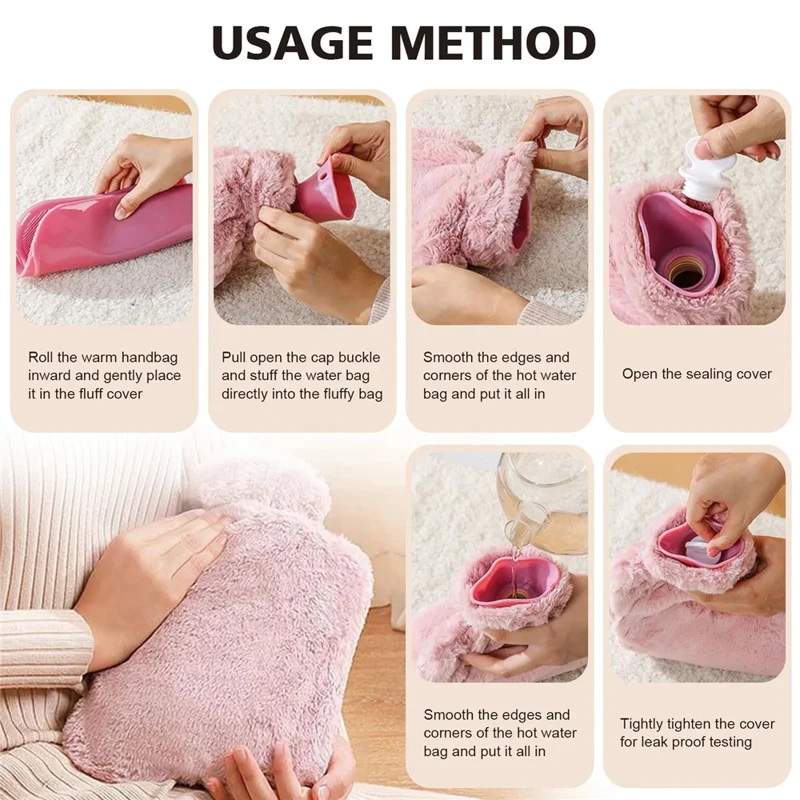 1000ML Refillable Hot Water Bag with Removeable Faux Fur Cover Winter Hand Feet Warmer Water Bottle - Pink