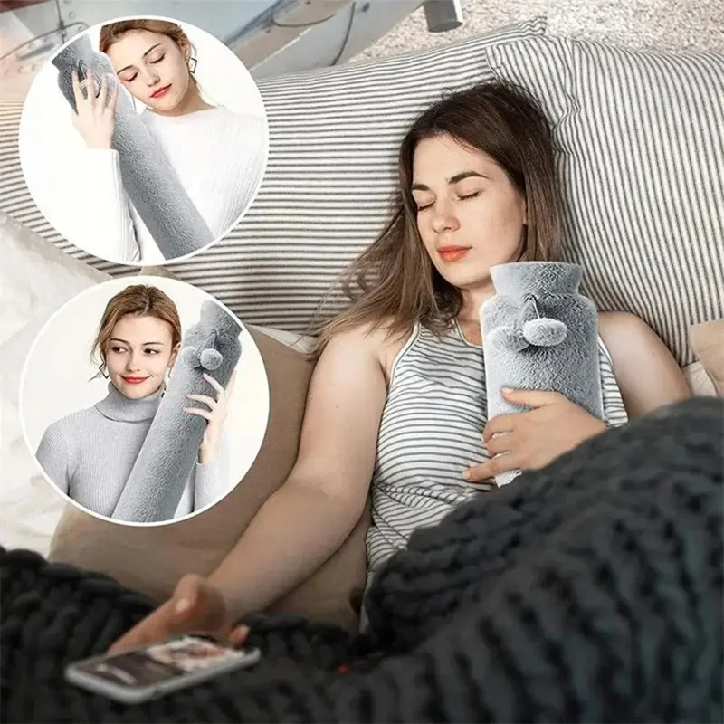 Long Strip 2L Hot Water Bottle Water Bag Fluffy Cover Warmer for Hand, Neck, Leg - Pink