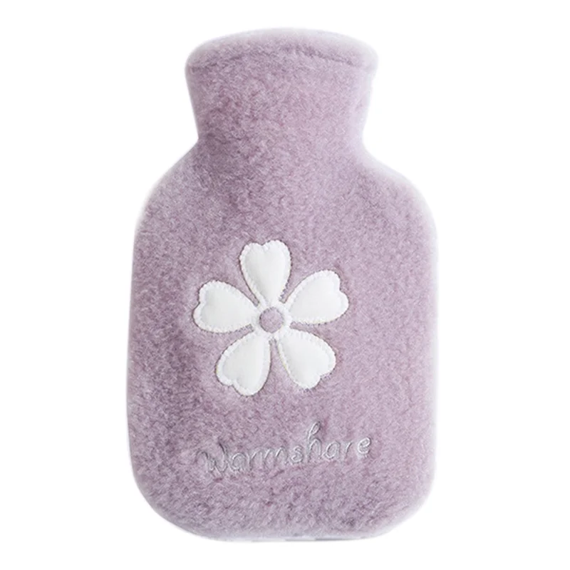 500ML Refillable Hot Water Bag Winter Hand Feet Warmer with Flower Pattern Fleece Cover - Purple