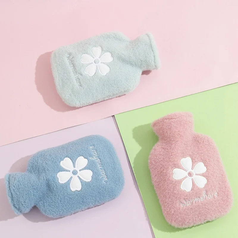 500ML Refillable Hot Water Bag Winter Hand Feet Warmer with Flower Pattern Fleece Cover - Purple