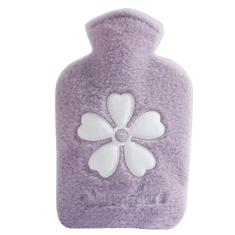 Bolsa de Água Quente Recarregável de 1000ML com Padrão Floral e Cobertura de Fleece - Púrpura