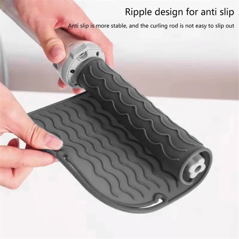Alfombrilla antideslizante con diseño de ondas, resistente al calor, de silicona para plancha y rizador de pelo - Negro