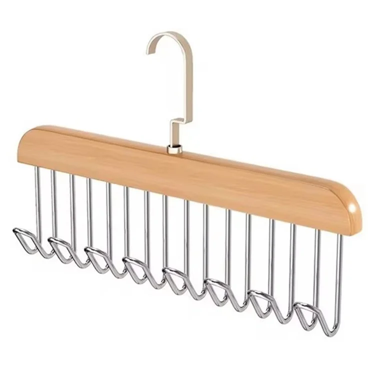 Wood + Metal 8 Hooks Closet Bra Storage Hanger Space Saving Tie Belt Organizer - Wood Color