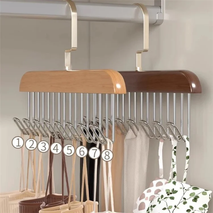 Wood + Metal 8 Hooks Closet Bra Storage Hanger Space Saving Tie Belt Organizer - Wood Color