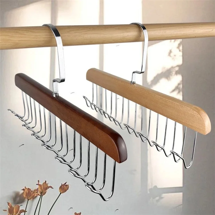 Wood + Metal 8 Hooks Closet Bra Storage Hanger Space Saving Tie Belt Organizer - Wood Color