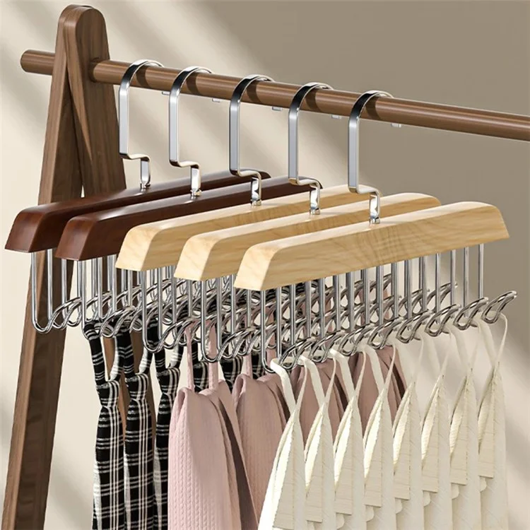 Wood + Metal 8 Hooks Closet Bra Storage Hanger Space Saving Tie Belt Organizer - Wood Color