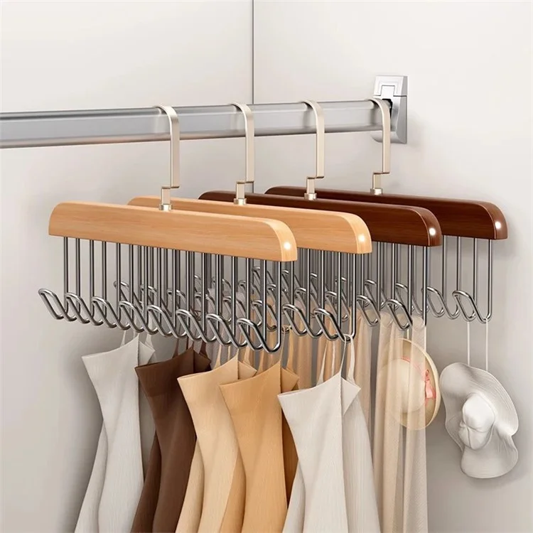 Wood + Metal 8 Hooks Closet Bra Storage Hanger Space Saving Tie Belt Organizer - Wood Color