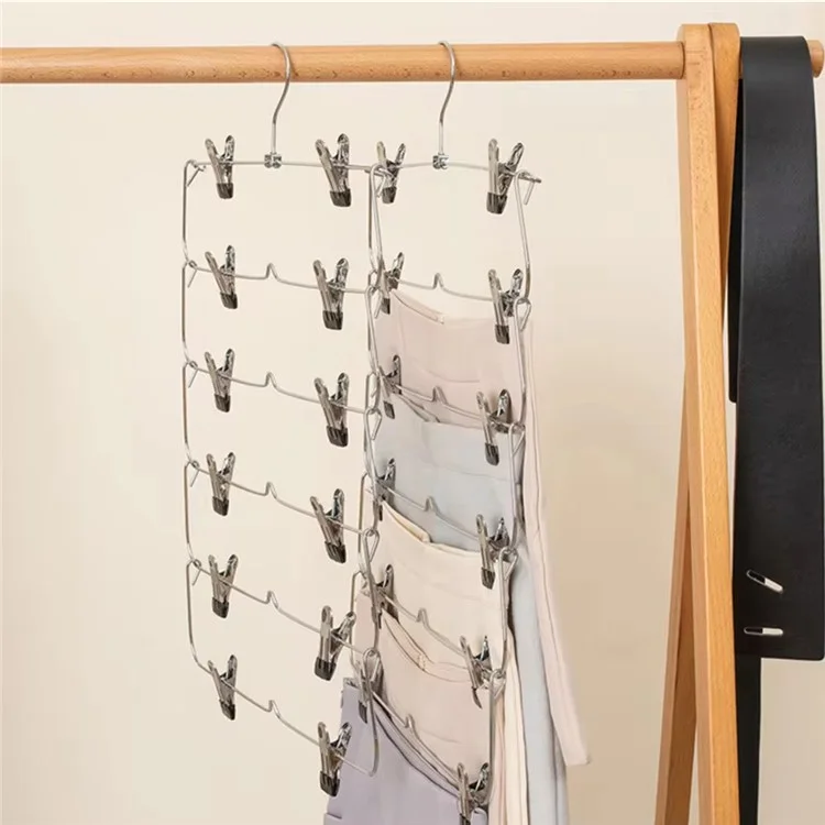 High Manganese Steel 6-Layer Folding Skirt Clip Hanger Space-Saving Vertical Closet Pants Organizer - Blue