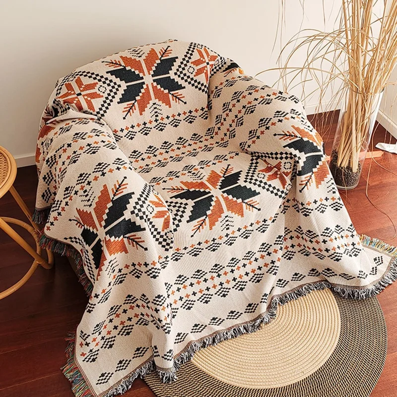 90x240cm Multi-Purpose Sofa Cover Bohemian Maple Leaves Pattern Throw Blanket with Tassels