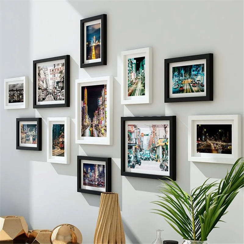 11Pcs / Set DIY Picture Frames Wall Mounted Photo Frame Home Mural Decor, 3Pcs 10-inch + 8Pcs 7-inch - White+Black