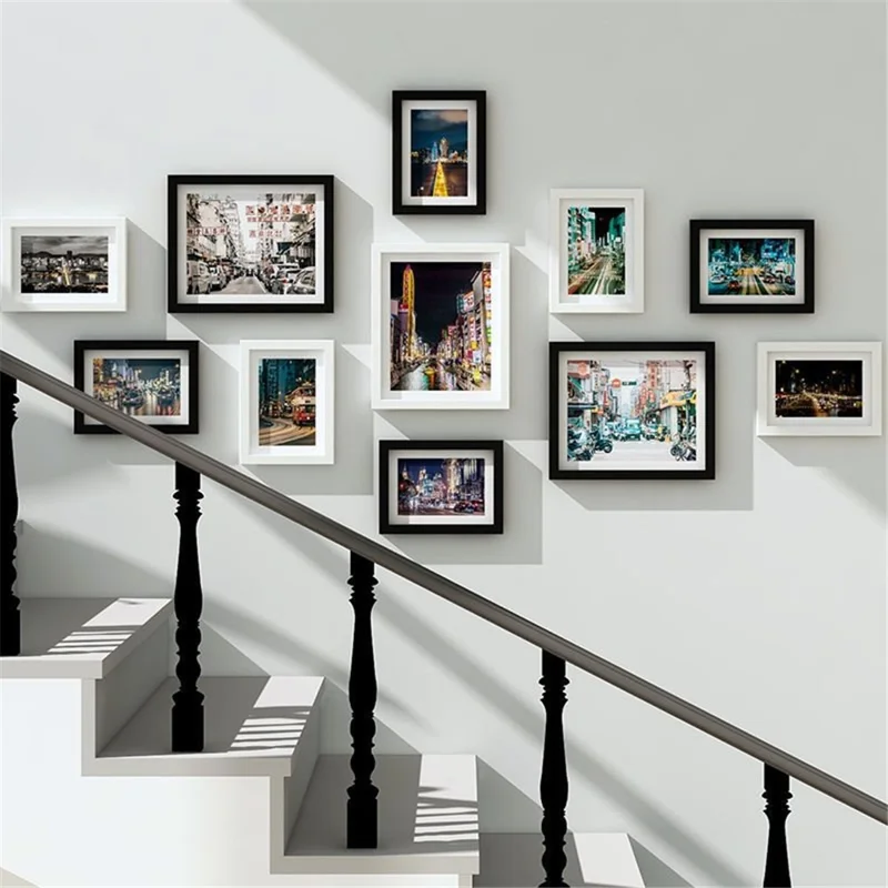11Pcs / Set DIY Picture Frames Wall Mounted Photo Frame Home Mural Decor, 3Pcs 10-inch + 8Pcs 7-inch - White+Black