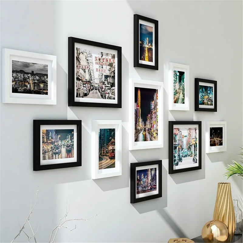 11Pcs / Set DIY Picture Frames Wall Mounted Photo Frame Home Mural Decor, 3Pcs 10-inch + 8Pcs 7-inch - White+Black